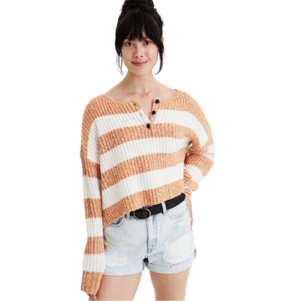 American Eagle cropped striped knit sweater XS tan ivory buttons cotton blend